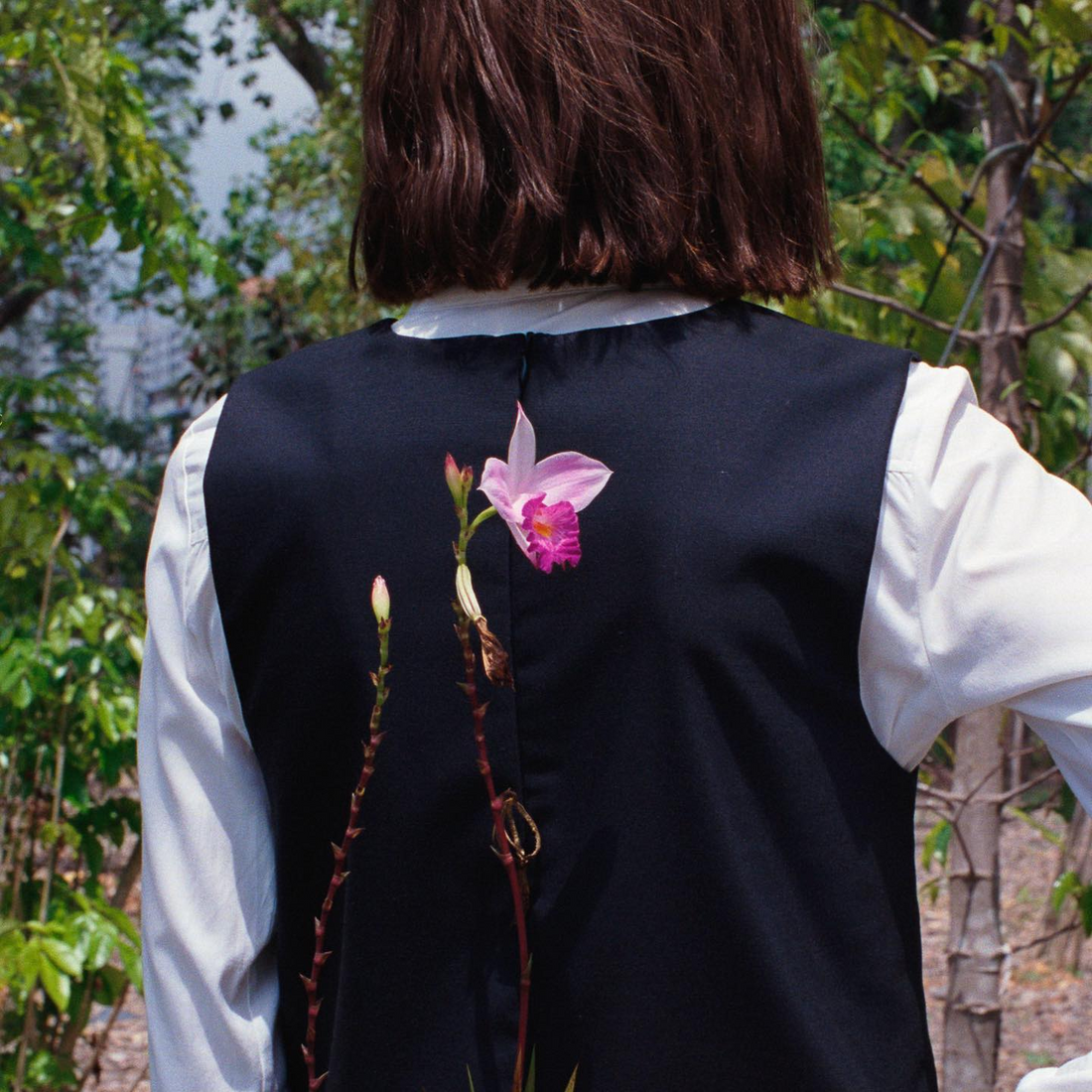 A woman with short brown hair has her back to the camera. She is standing in a forest. She is wearing a white shirt and navy blue waistcoat. She is holding a pink flower behind her back.
