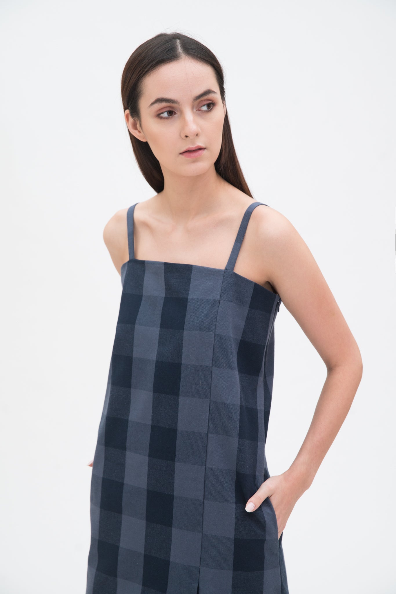 A woman with long dark hair is wearing a navy check dress