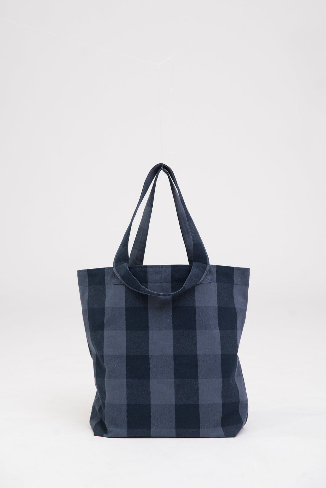 A blue checked tote bag