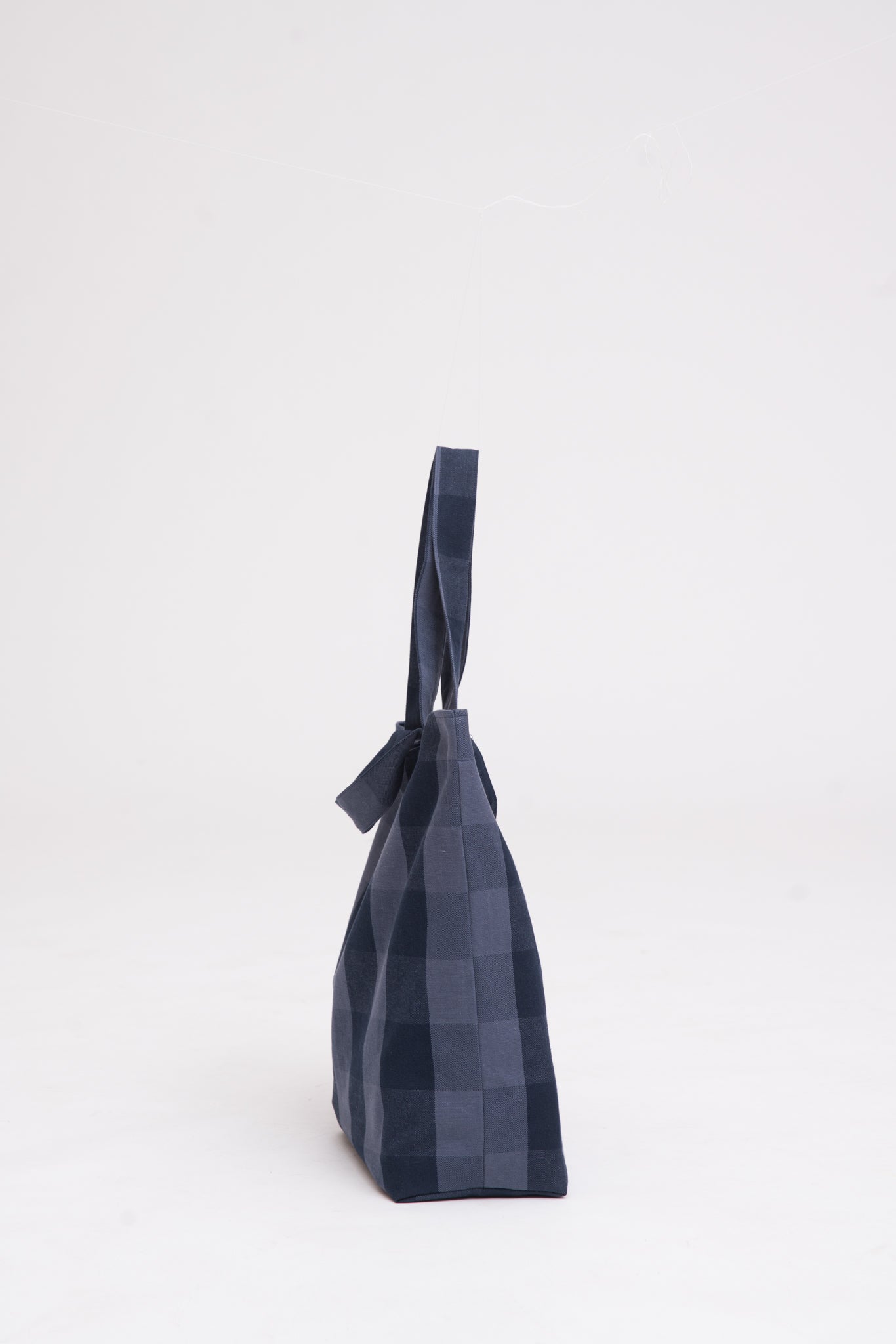 A blue checked tote bag