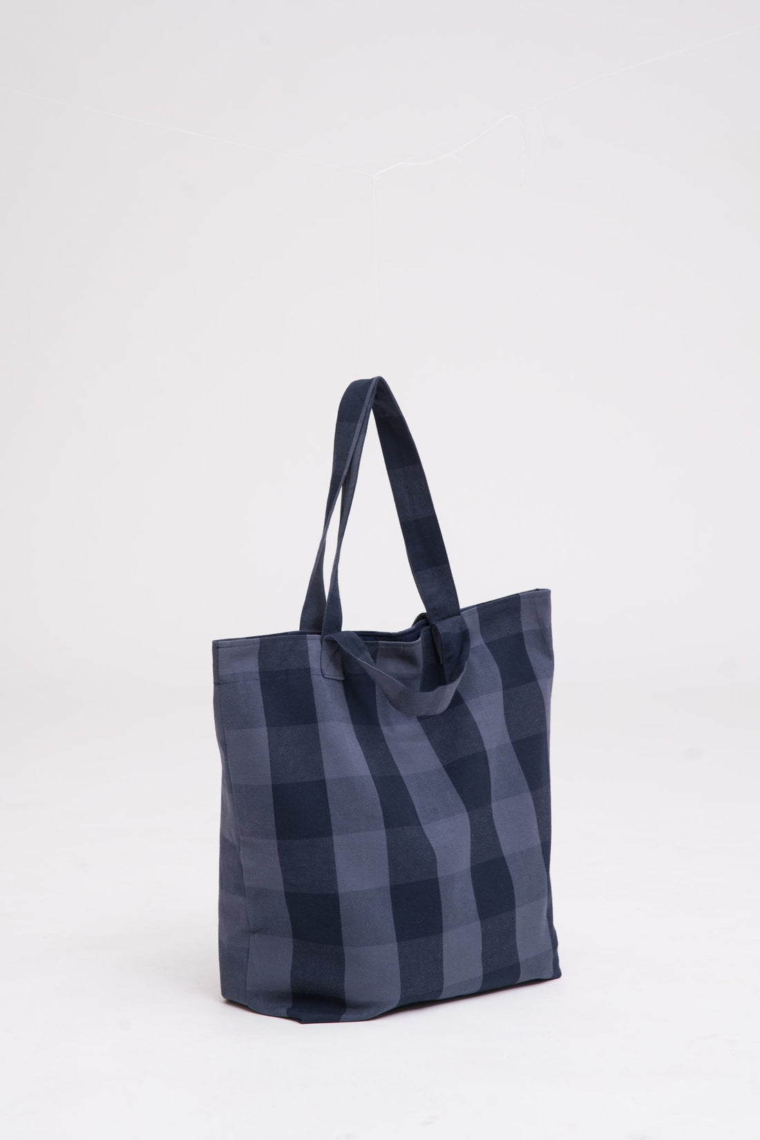 A blue checked tote bag